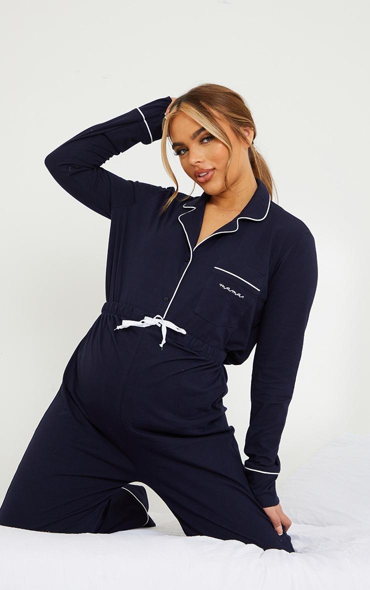 Maternity Navy Mama Long Sleeve Button Up PJ Top Product Image
