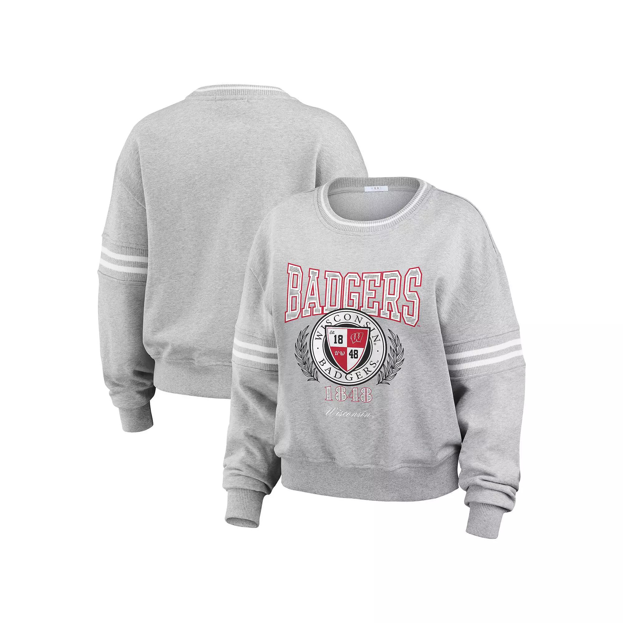 Women's WEAR by Erin Andrews Heather Gray Wisconsin Badgers Classic Stripe Pullover Sweater, Size: XL, Grey Product Image