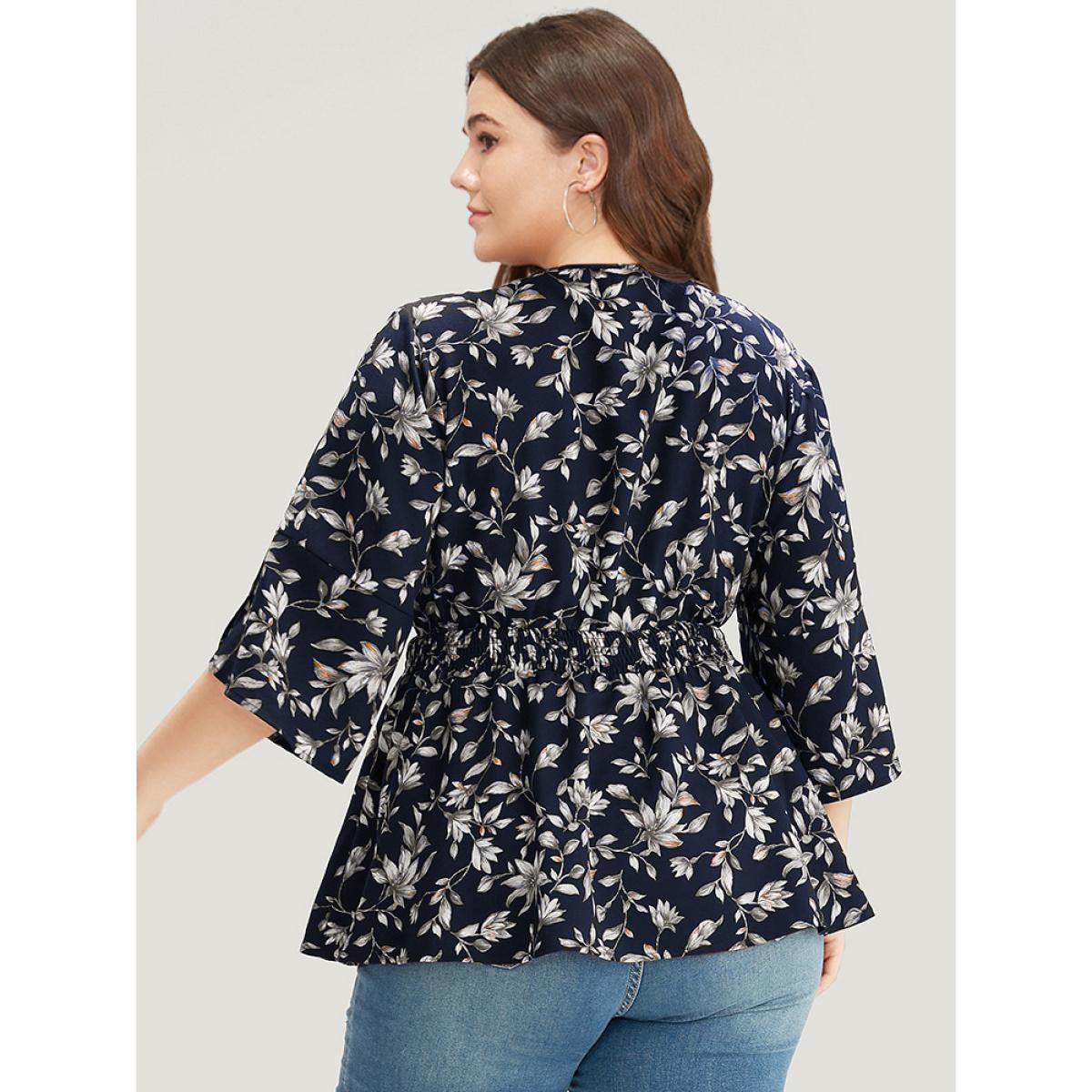 Plus Size Indigo Floral Print Shirred Button Detail V Neck Petal Sleeve Blouse Women Vacation Half Sleeve V-neck Dailywear Blouses BloomChic 26/4X Product Image