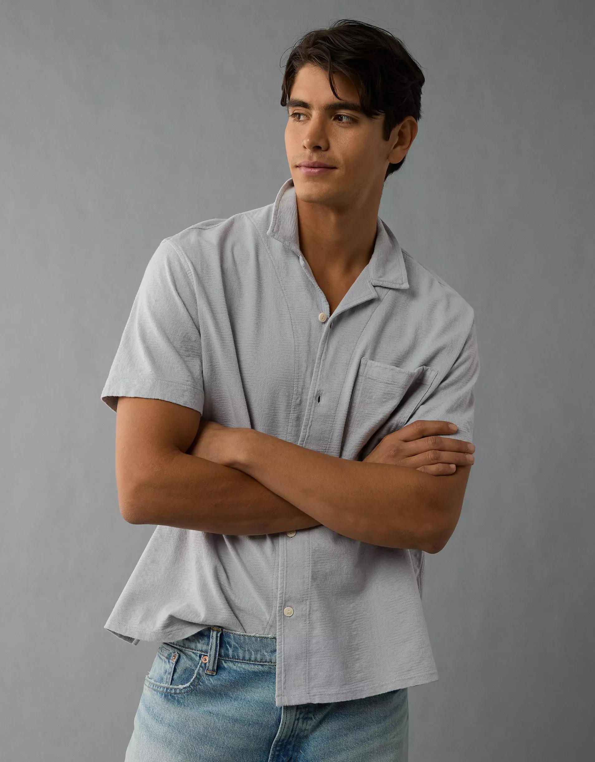 AE Jacquard Textured Button-Up Polo Shirt Product Image