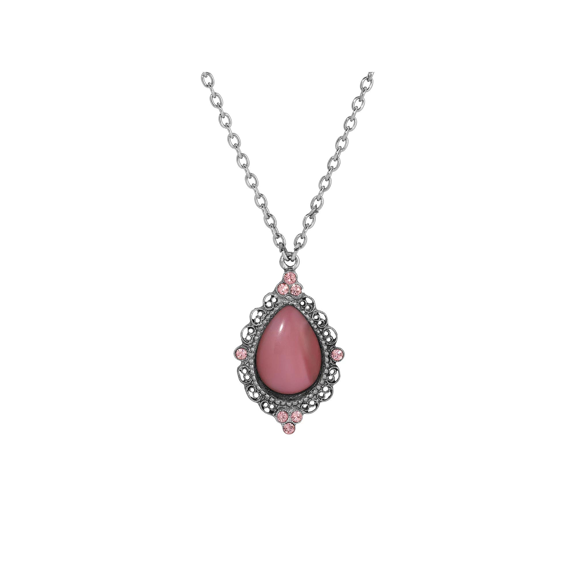 1928 Silver Tone Pink Teardrop Simulated Stone Pendant & Crystals Necklace, Womens Product Image