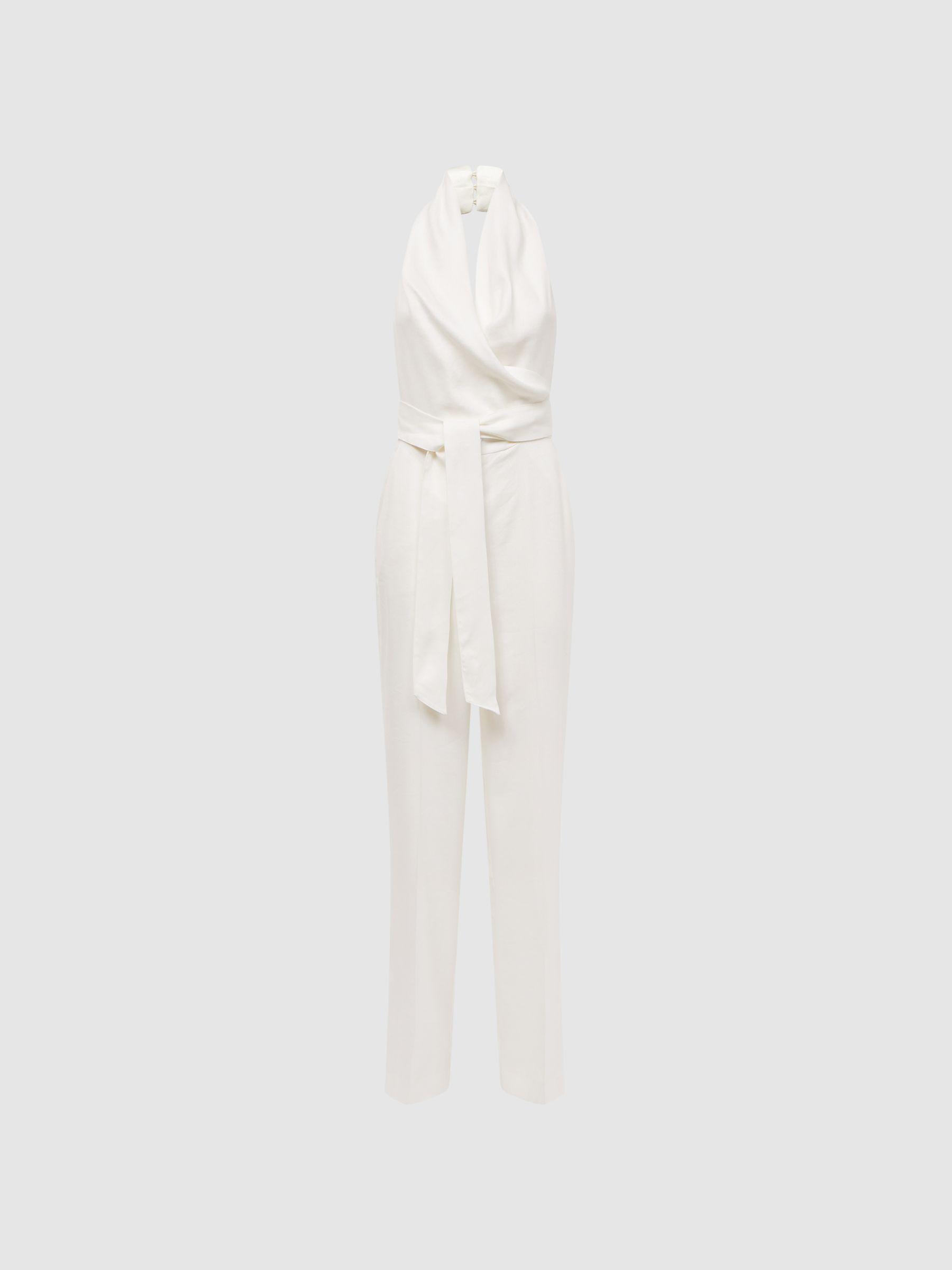 Halter Neck Linen Blend Jumpsuit in White Product Image