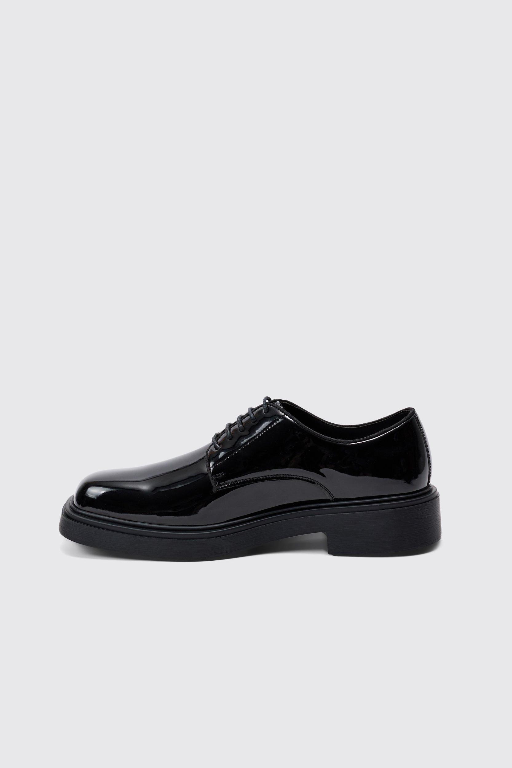 Faux Leather Derby Shoes In Black | boohooMAN USA Product Image