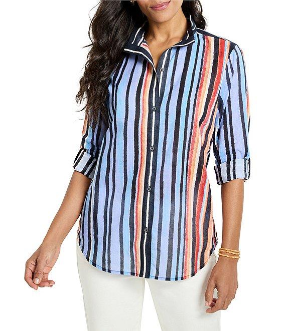 NIC + ZOE Painted Peninsula Stripe Point Collar Long Sleeve Button Front Shirt Product Image
