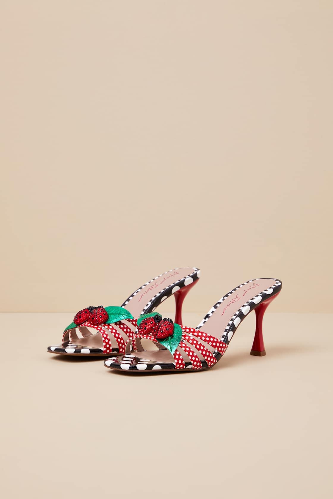 Clovr Red and White Multi Lady Bug High Heel Slide Sandals Product Image
