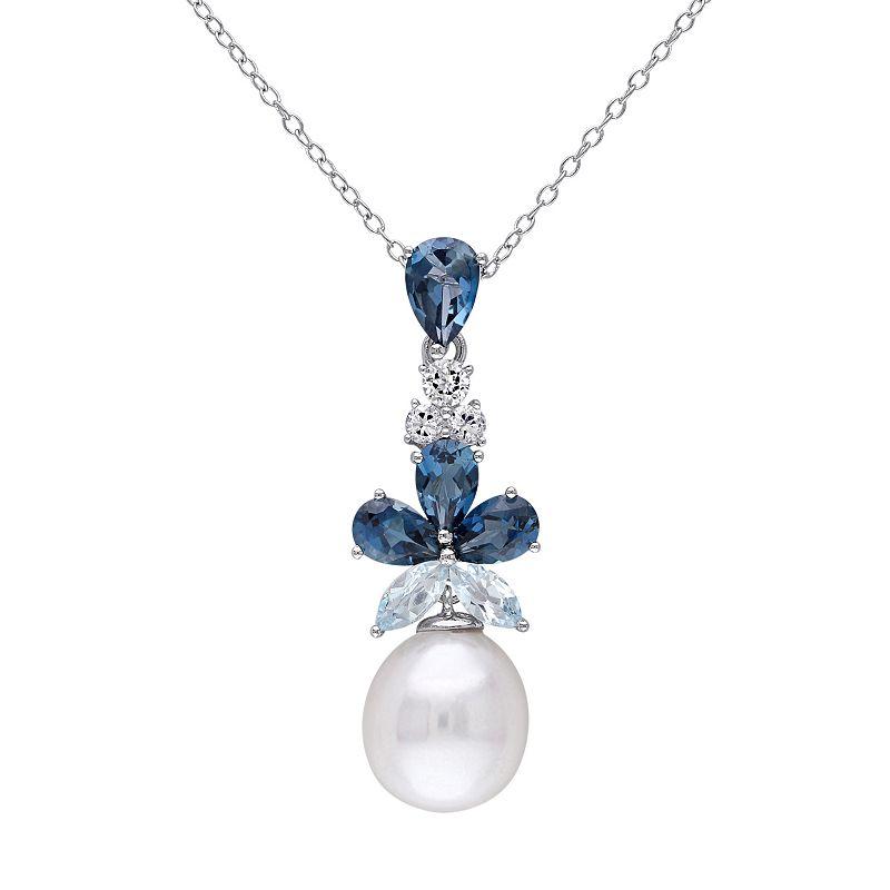 Stella Grace Sterling Silver Blue & White Topaz Freshwater Cultured Pearl Pendant, Women's,  Product Image