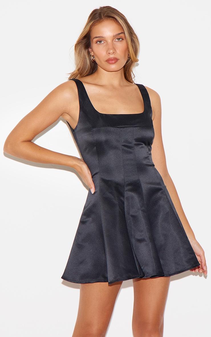 Black Satin Square Neck Pleated Shift Dress Product Image