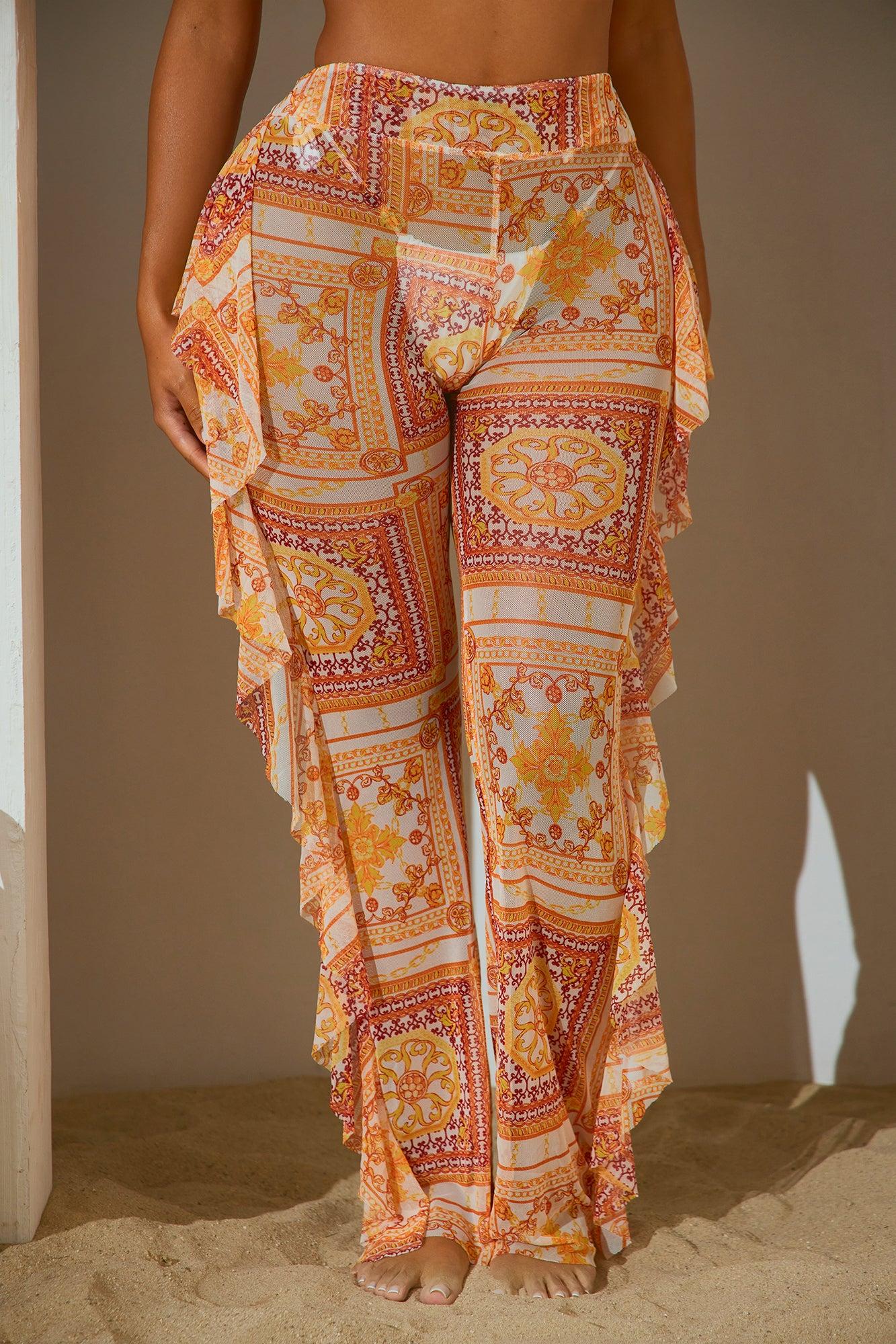 Spice It Up Ruffle Mesh Cover Up Pants - Brown/combo Product Image