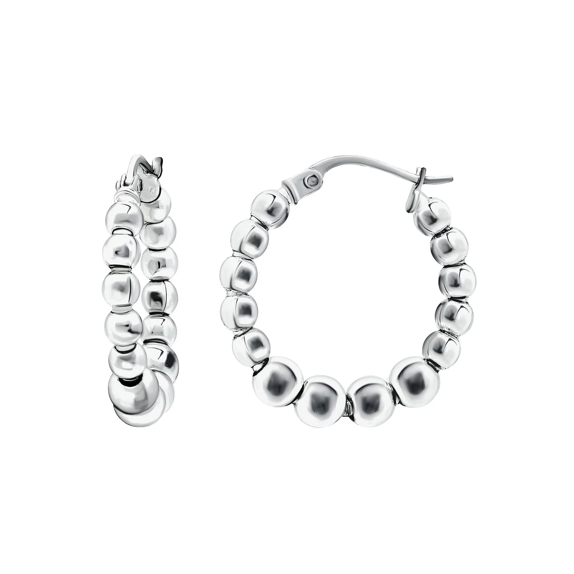 Aleure Precioso Sterling Silver Graduated Bead Hoop Earrings, Women's, Silver Tone Product Image