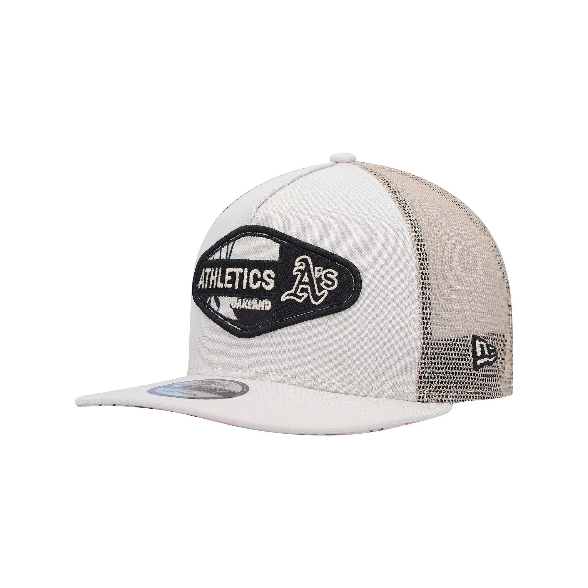 Men's New Era Natural Oakland Athletics Retro Beachin' Patch A-Frame Trucker 9FIFTY Snapback Hat, Beige Product Image