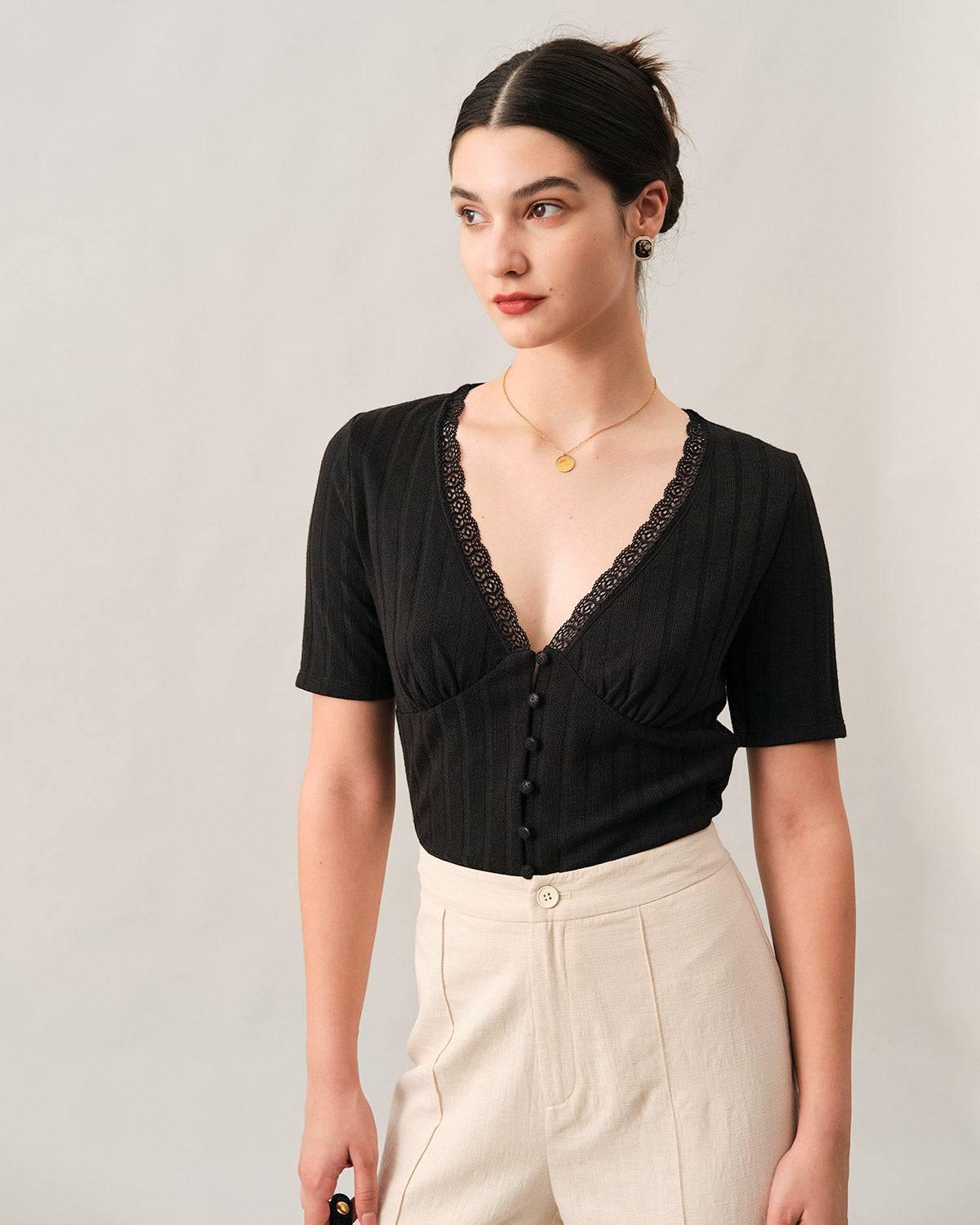 The Ribbed Lace Trim Tee Female Product Image