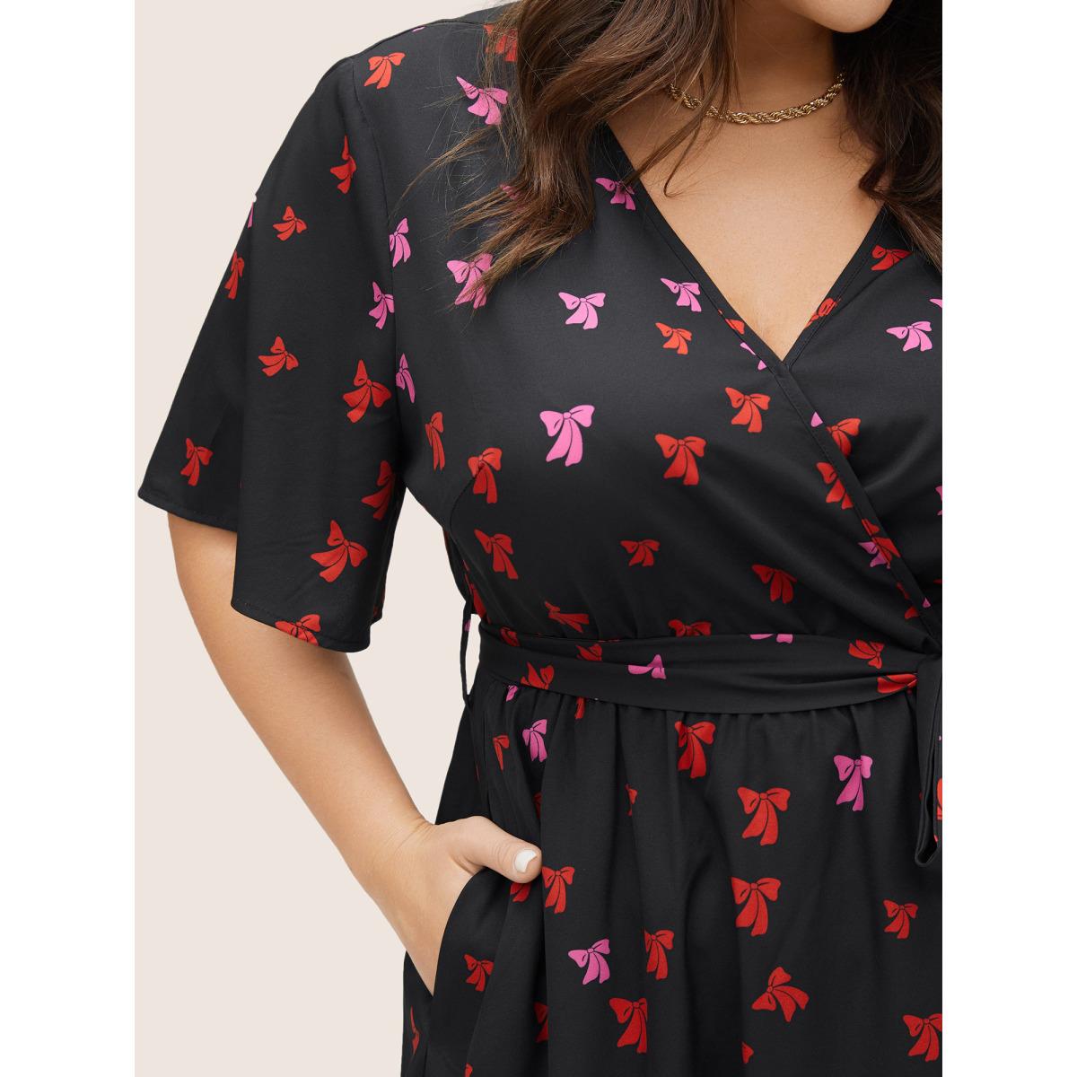 Plus Size Bowknot Overlap Collar Pocket Belted Dress Black Women Elegant Non Overlap Collar Short sleeve Curvy Midi Dress BloomChic 22-24/3X Product Image