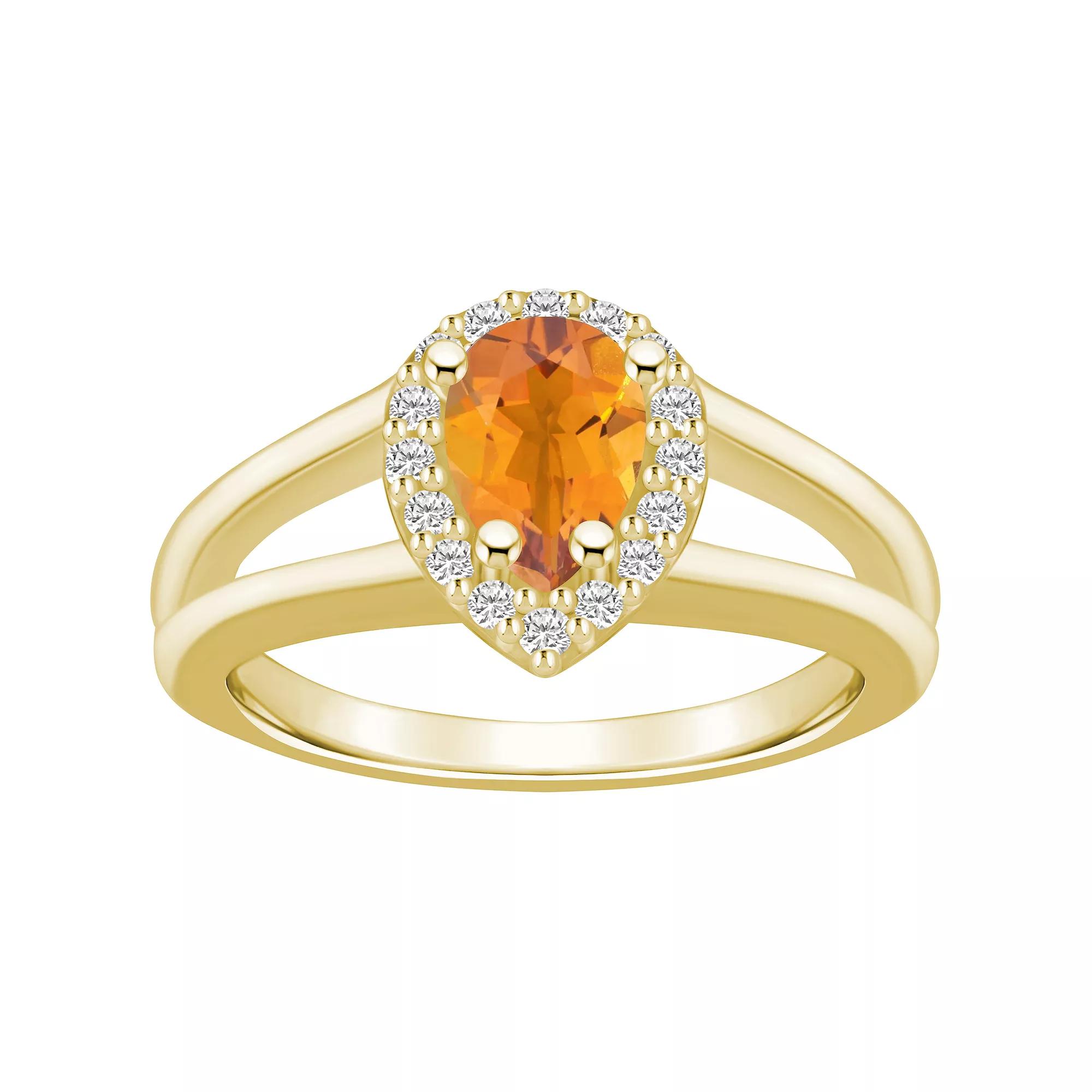 Alyson Layne 10k White Gold Pear Shape Gemstone 1/6 Carat T.W. Diamond Halo Ring, Women's, Size: 5, Citrine Product Image
