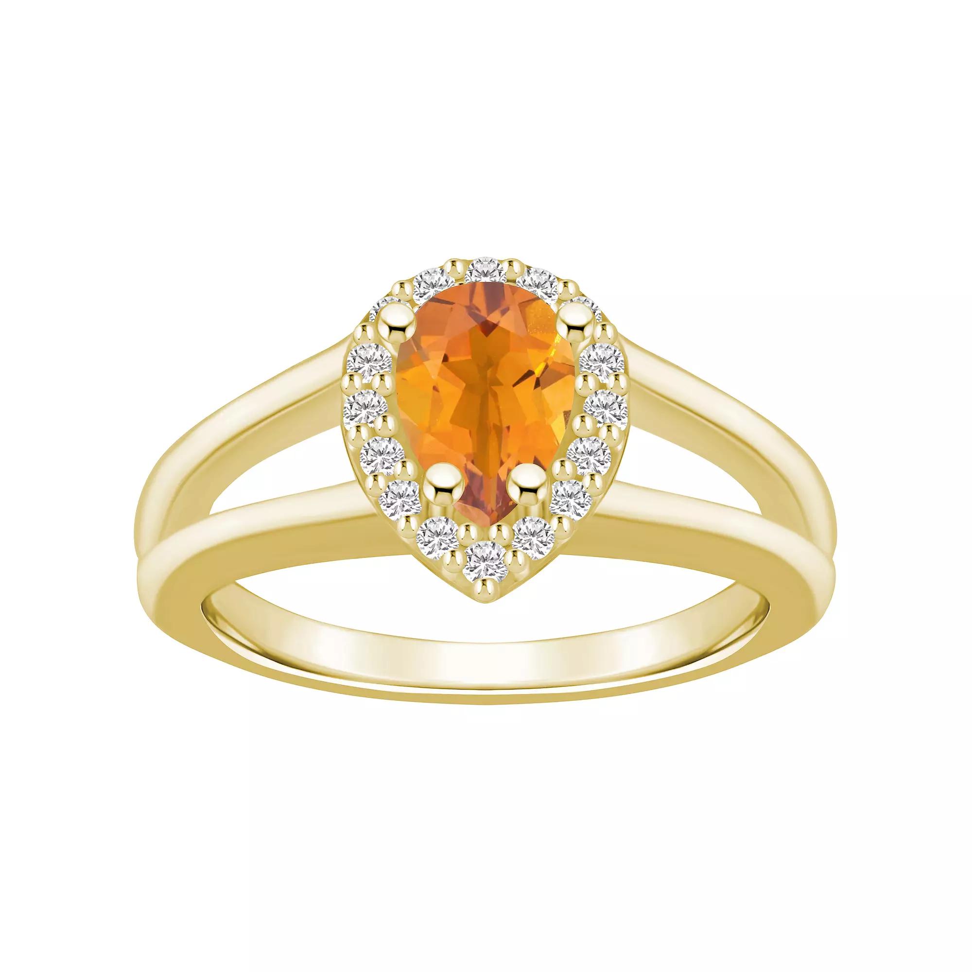 Alyson Layne 10k White Gold Pear Shape Gemstone 1/6 Carat T.W. Diamond Halo Ring, Women's, Size: 5, Citrine Product Image