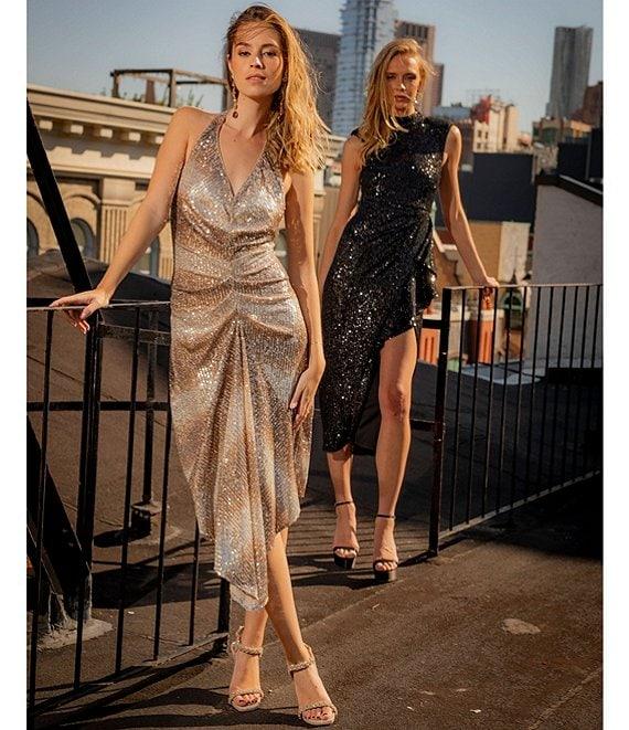 Belle by Badgley Mischka Julia Sequin Ruched Ombre Halter Neck Sleeveless Drape Front Midi Dress Product Image