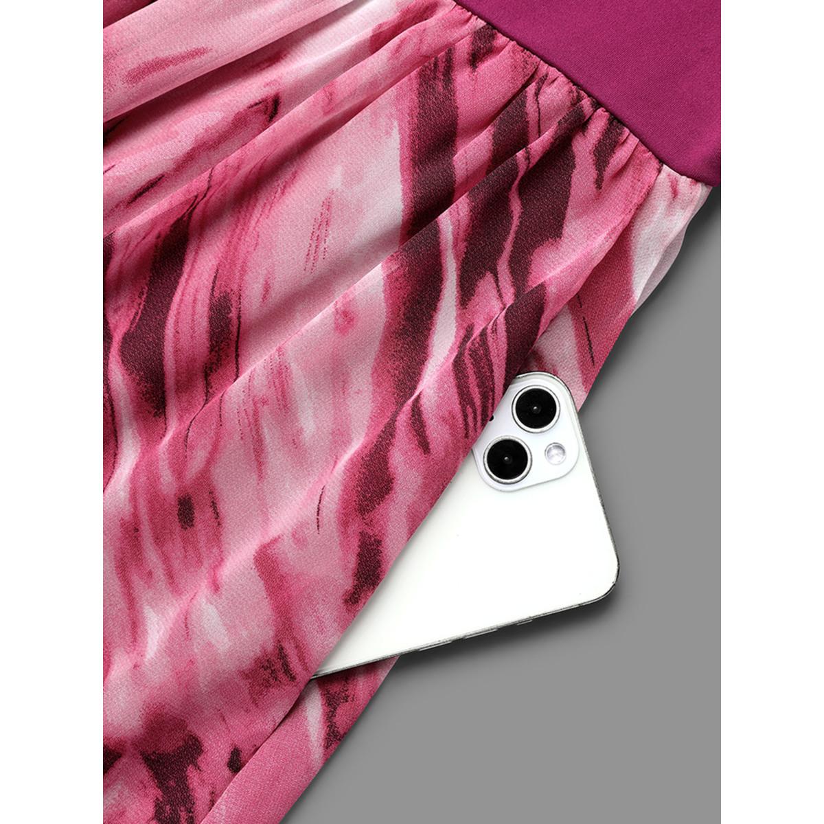 Plus Size Abstract Print Spliced V-Neck Midi Dress Rosered Women Elegant Patchwork V-neck Elbow-length sleeve Curvy BloomChic 26/4X Product Image