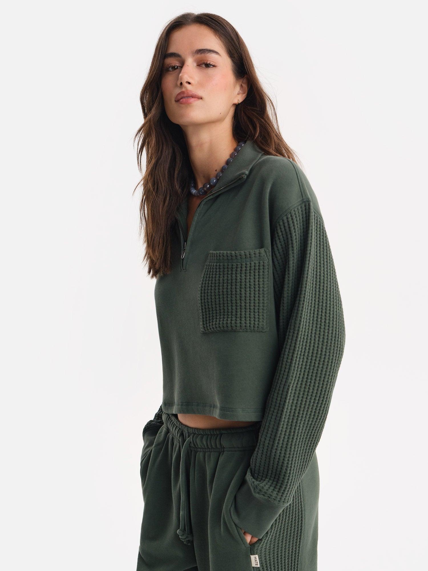Organic Fleece and Waffle Cropped Half-Zip Sweatshirt Female Product Image