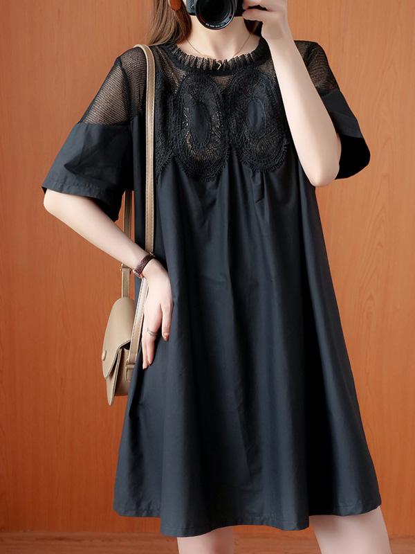 Original Solid Lace Split-Side Short Sleeve A-Line Mini Dress Product Image