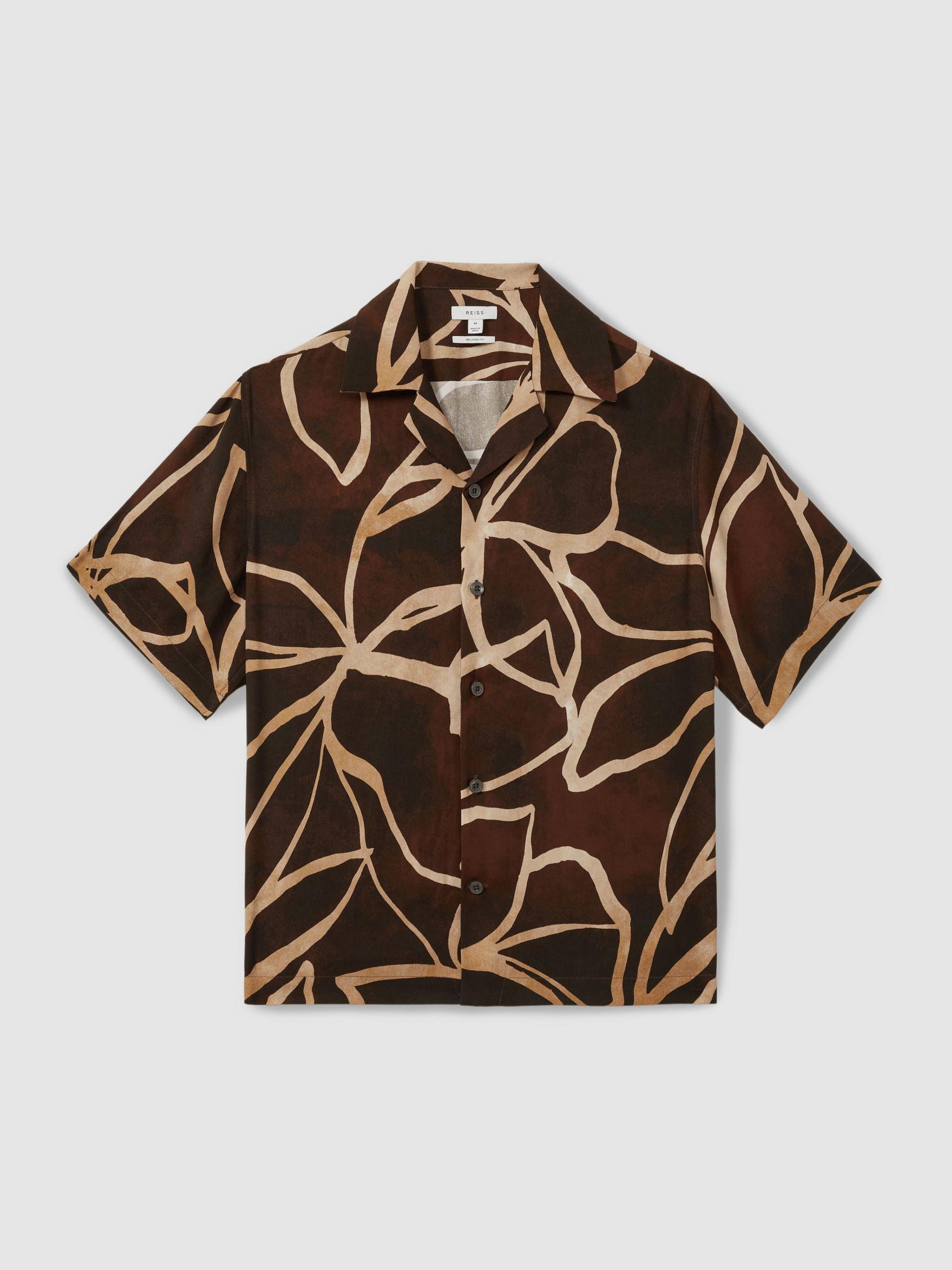 Relaxed Printed Cuban Collar Shirt in Brown/Off White Product Image