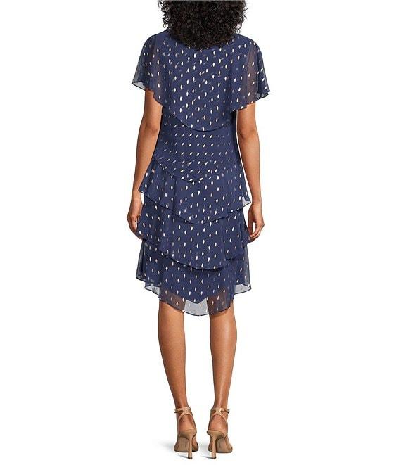Ignite Evenings Chiffon Metallic Polka Dot Print V-Neck Short Sleeve Tiered Caplet Dress Product Image