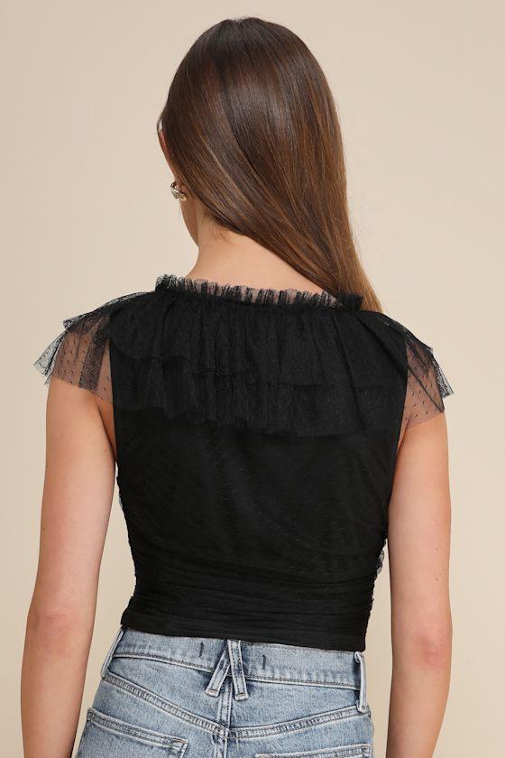 Delightful Destiny Black Mesh Dot Ruffled Crop Top Product Image