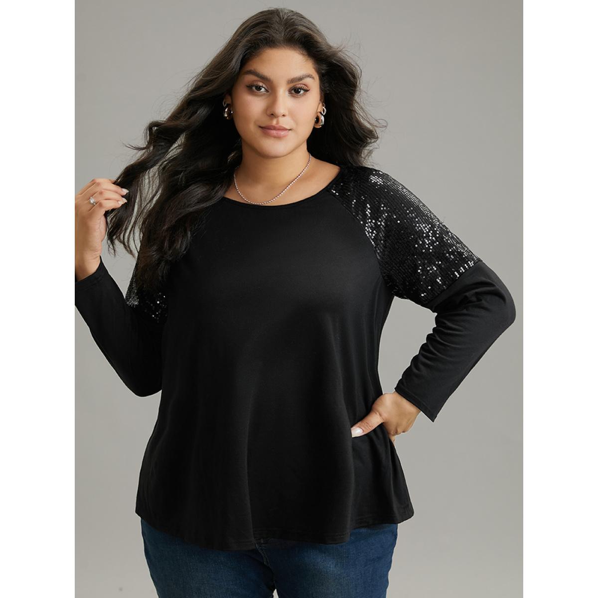 Plus Size Sequin Patchwork Raglan Sleeve T-shirt Black Women Elegant Sequin Galaxy Round Neck Dailywear T-shirts BloomChic 14-16/1X Product Image