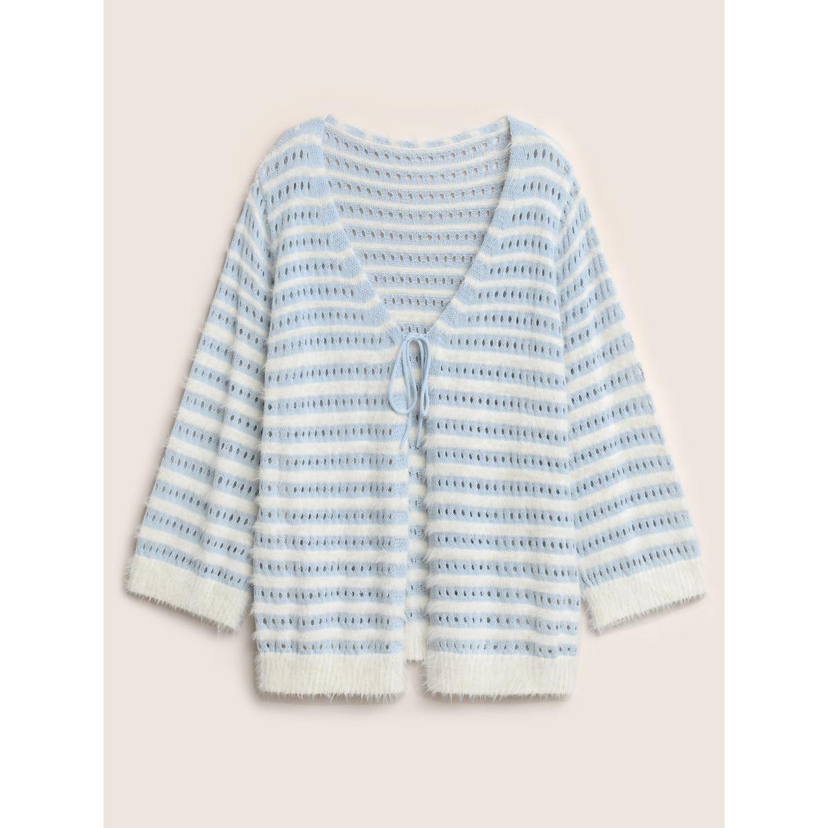 Plus Size Striped Contrast Ties Front Eyelet Cardigan LightBlue Women Casual Long Sleeve Everyday Cardigans BloomChic 10/M Product Image