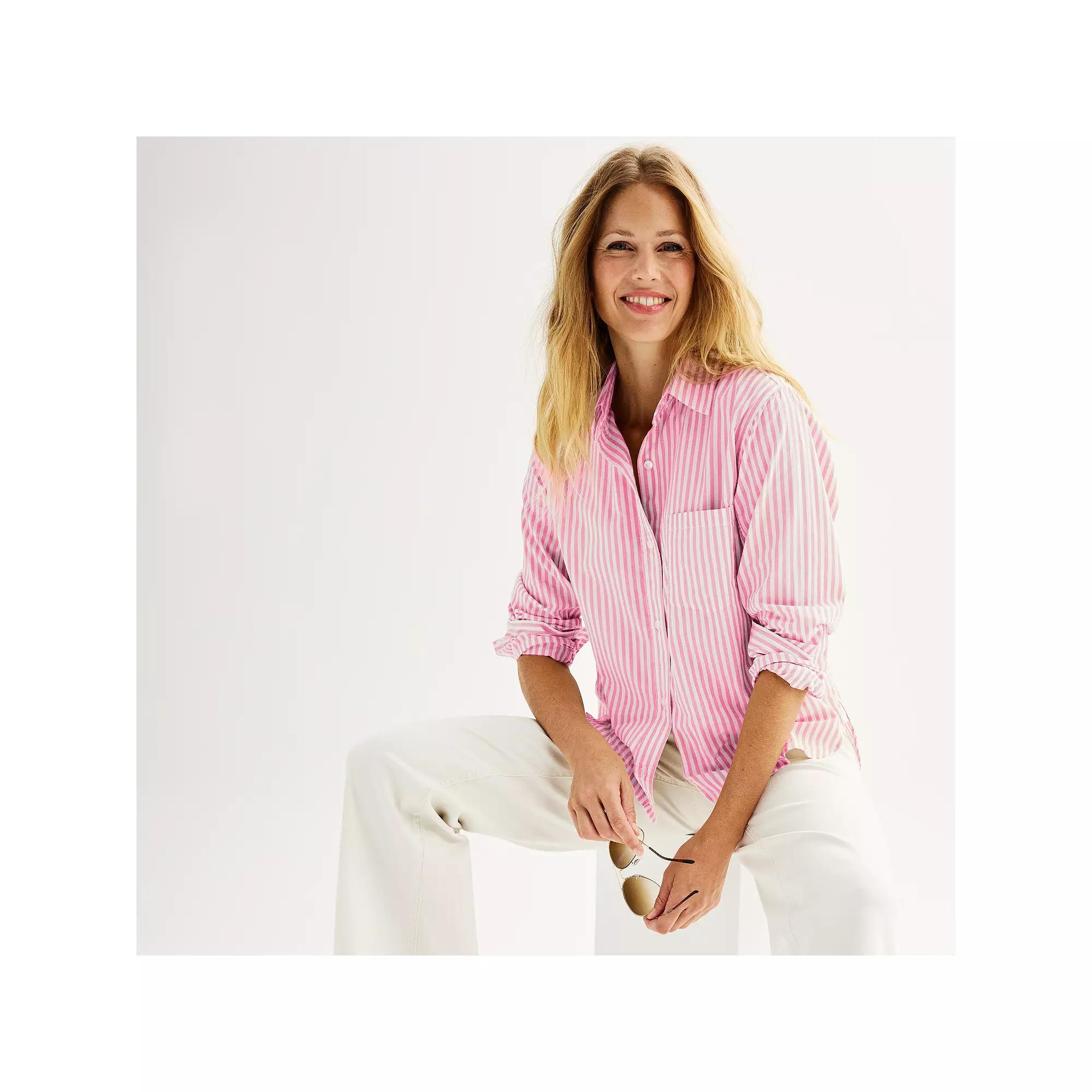 Women's Sonoma Goods For Life® Oversized Boyfriend Shirt, Size: Large, Bright Pink Stripe Product Image