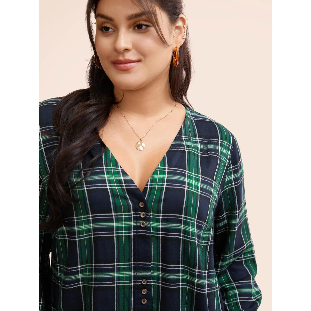 Plus Size DarkGreen V Neck Plaid Button Detail Blouse Women Casual Long Sleeve V-neck Everyday Blouses BloomChic 22-24/3X Product Image