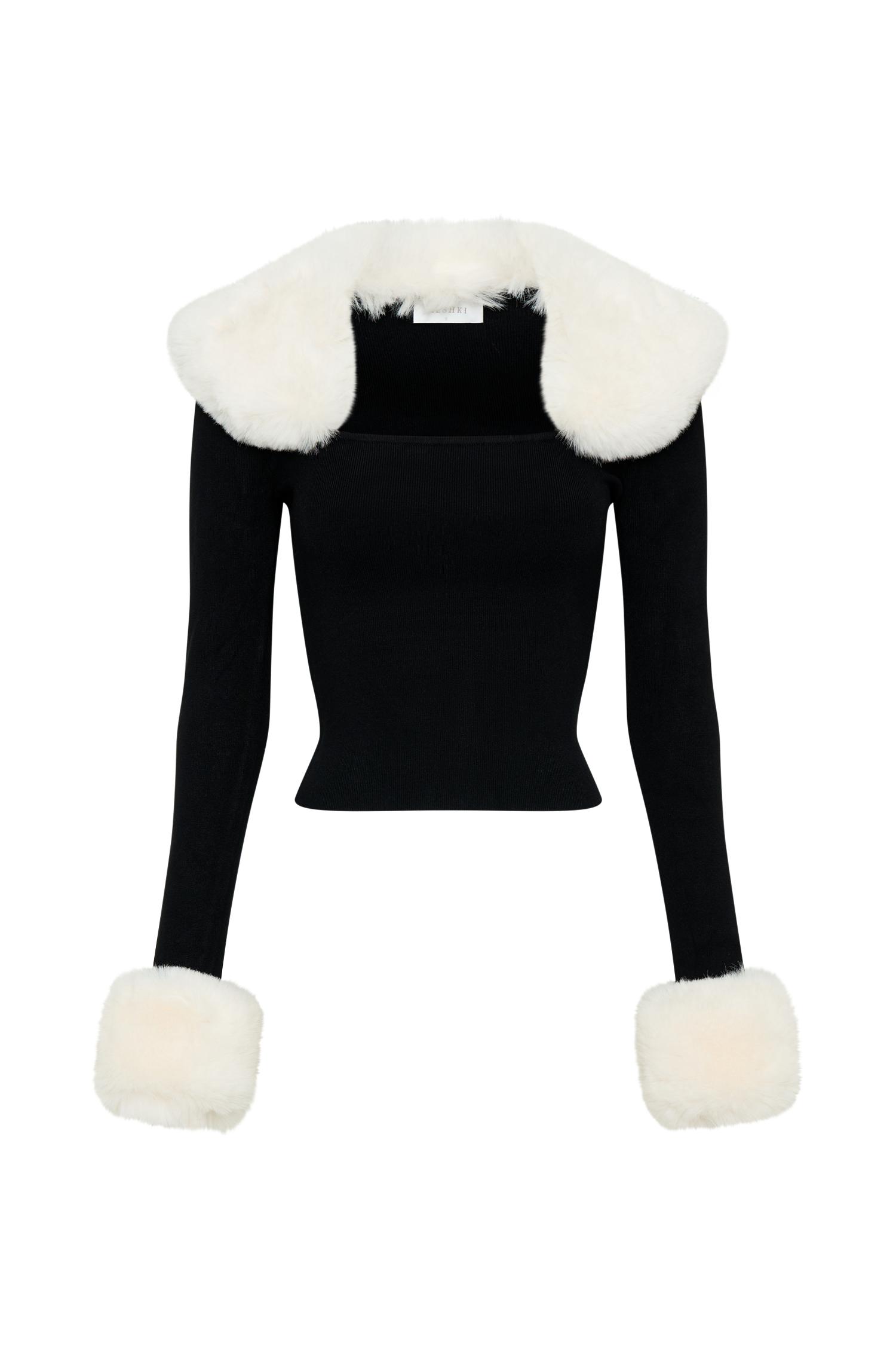 Cressida Faux Fur Knit Long Sleeve Top - Black/White Product Image