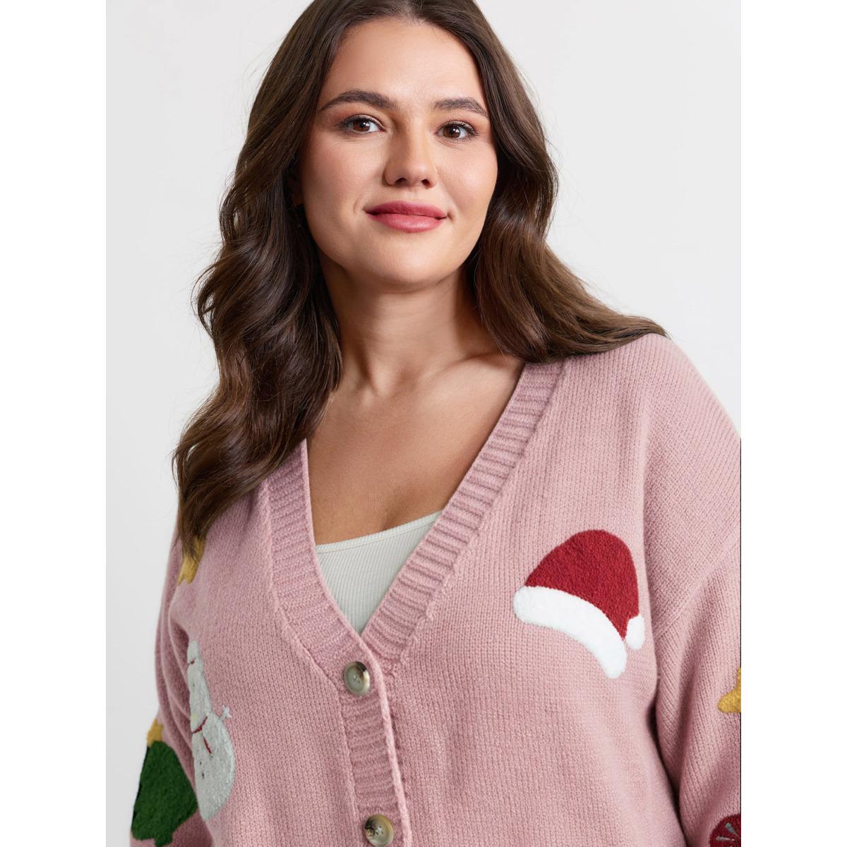 Plus Size Gingerbread Santa Embroidery Knit Cardigan Dirtypink Women Playful Loose Long Sleeve Casual Cardigans BloomChic 26/4X Product Image