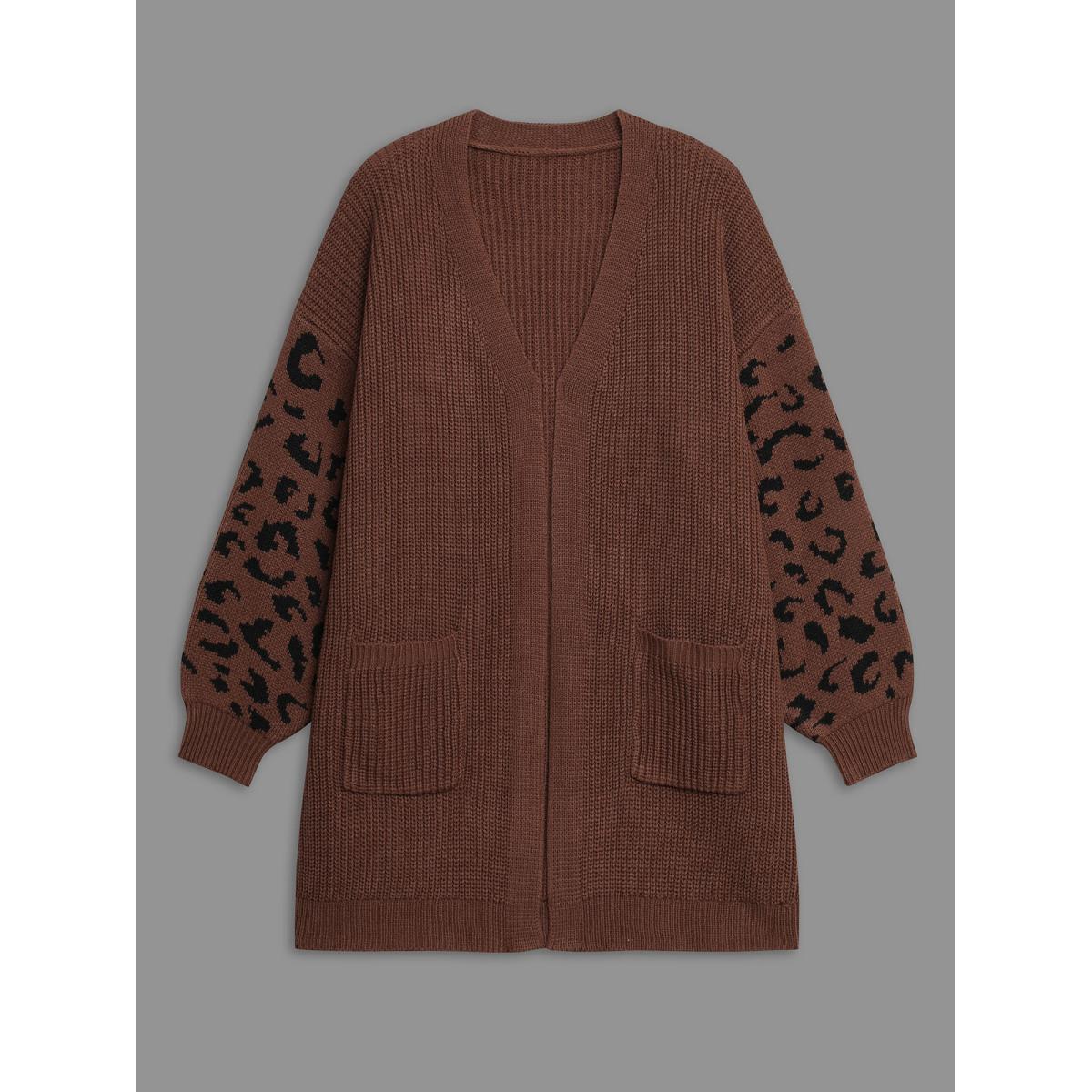 Plus Size Leopard Print Patchwork Lantern Sleeve Cardigan Browncoffeecolor Women Casual Loose Long Sleeve Everyday Cardigans BloomChic 10/M Product Image