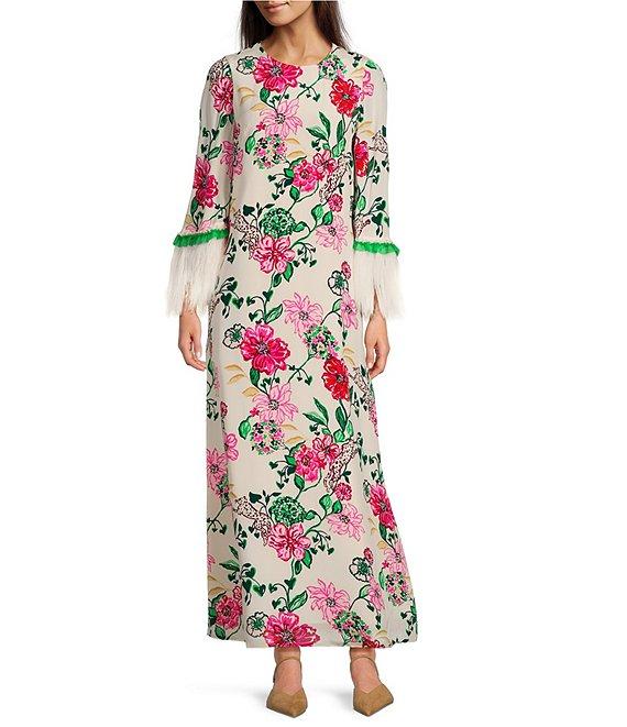 Lilly Pulitzer Nathalia Printed Silk Crew Neck 3/4 Sleeve Faux Feather Trim Maxi Dress Product Image