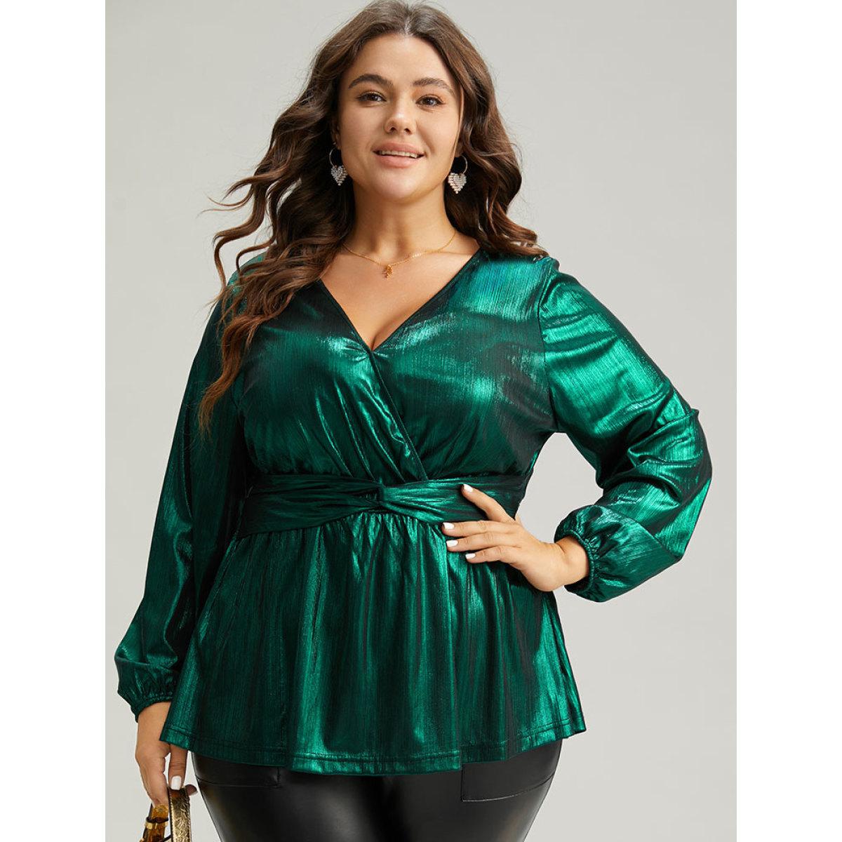 Plus Size Emerald Solid Wrap Twist Front Gathered Blouse Women Glamour Long Sleeve Overlap Collar Festival-Christmas Blouses BloomChic 26/4X Product Image