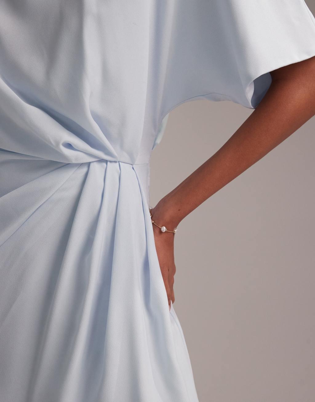 ASOS DESIGN Bridesmaids slash neck crepe t-shirt sleeve minimal drape maxi dress in light blue Product Image
