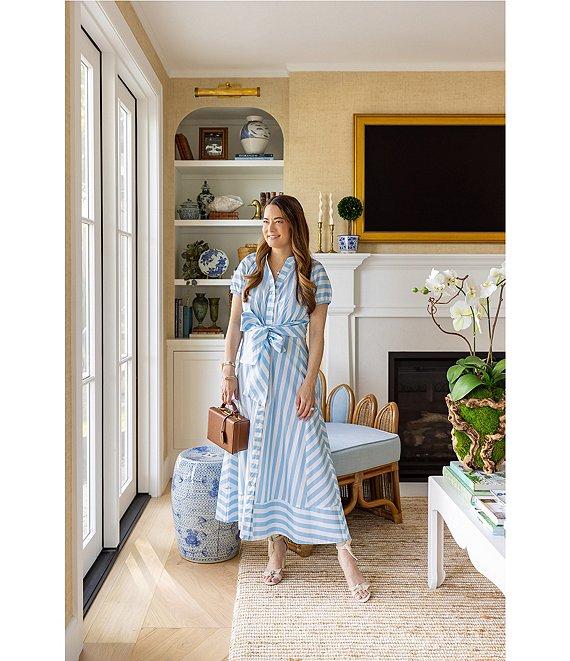 SAIL to SABLE x Style Charade Stripe Button Down Collar Short Sleeve Tie Front Midi Dress Product Image