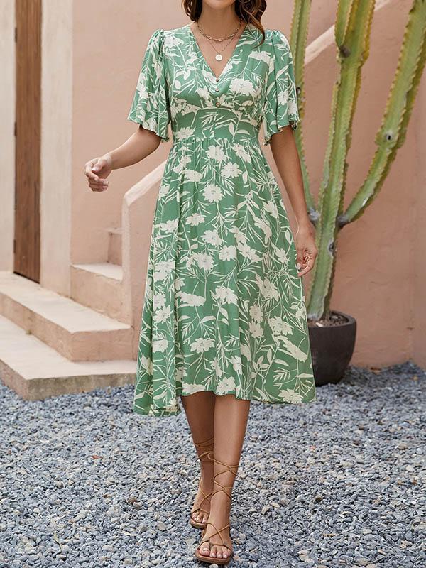 A-Line Half Sleeves Buttoned Contrast Color Pleated V-Neck Midi Dresses Product Image