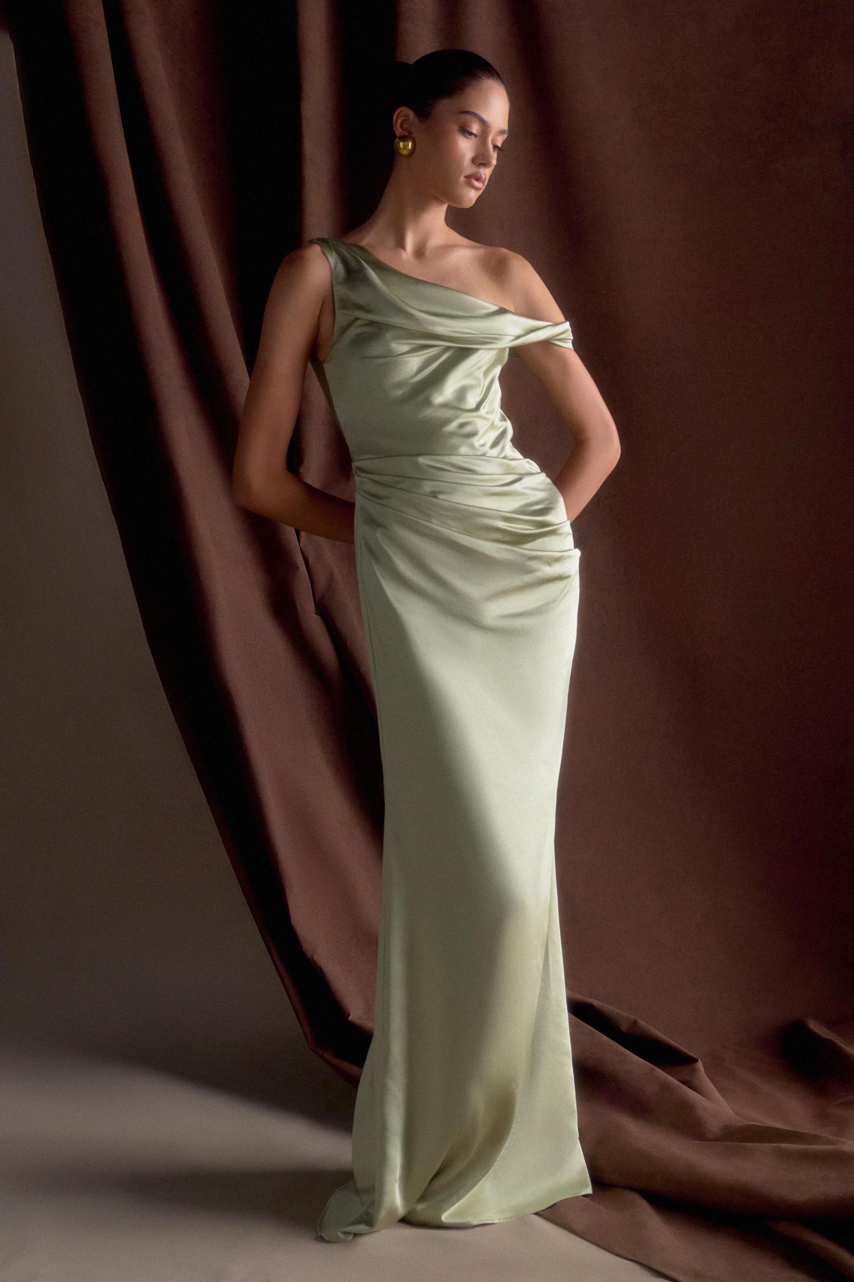 Dalia Off Shoulder Satin Maxi Dress - Sage Product Image