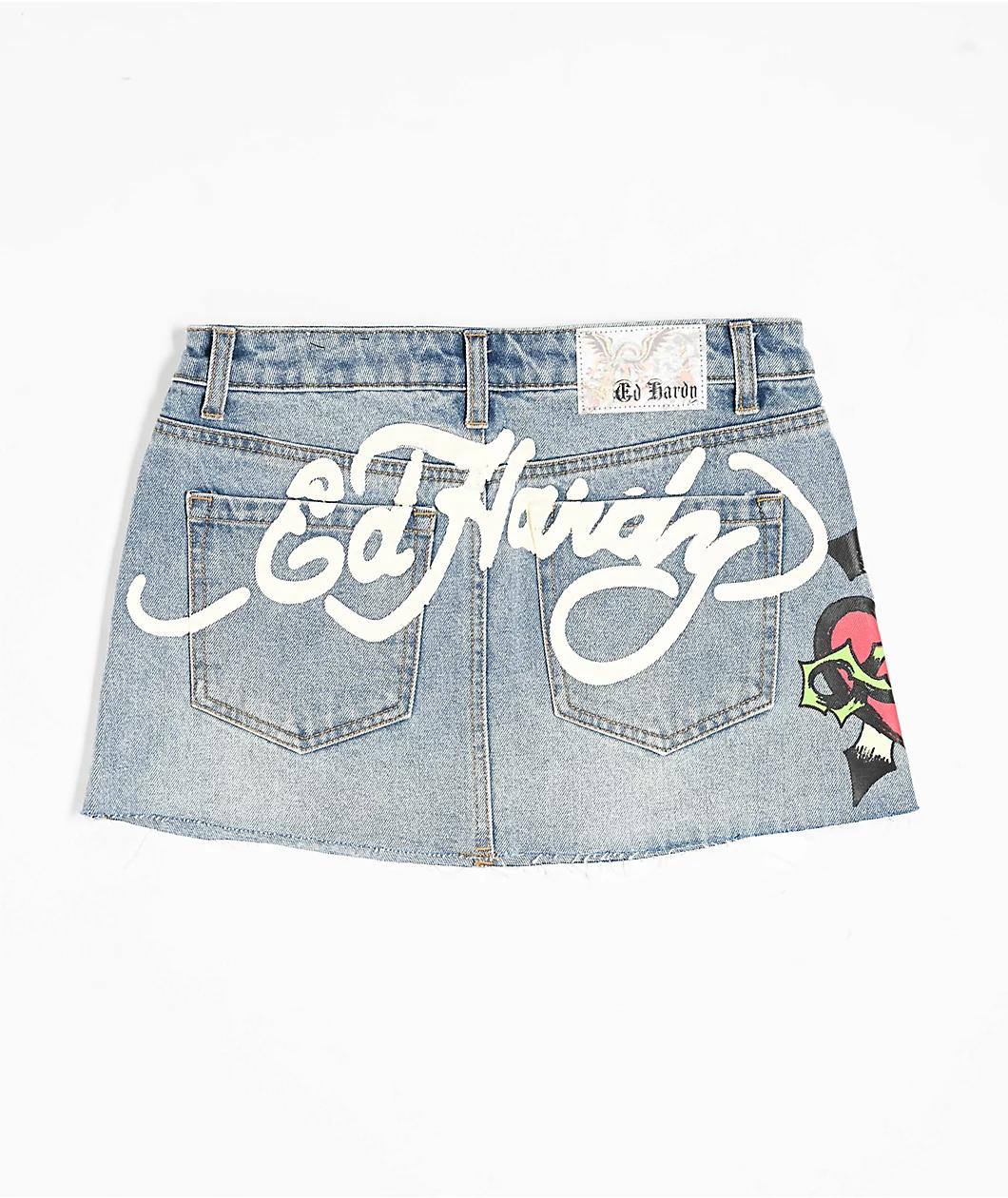 Ed Hardy Sacred Heart Light Wash Cutoff Mini Skirt Product Image