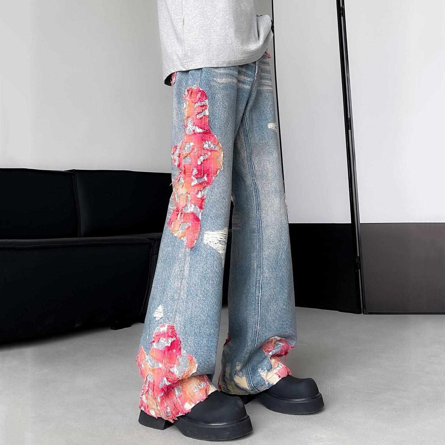 Sopula Men's Retro Washed Distressed Hole Patched Loose Straight Jeans Product Image