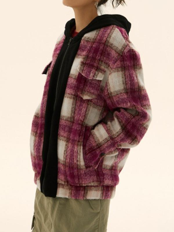 Vintage Plaid Splice Hooded Jacket Product Image