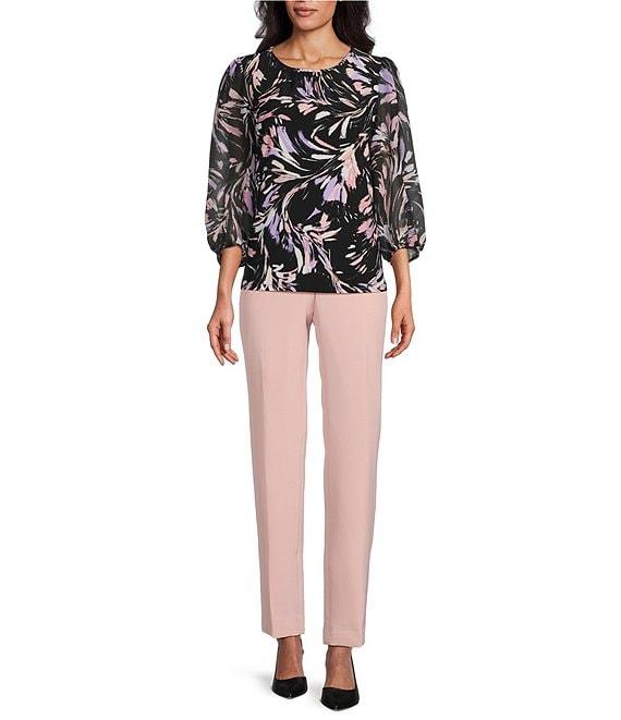 Kasper Shirred Round Neck 3/4 Sleeve Knit Top Product Image