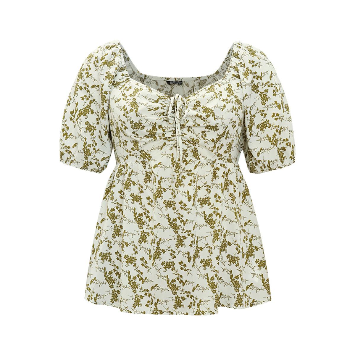 Plus Size Ivory Ditsy Floral Puff Sleeve Ruched Drawstring Blouse Women Elegant Half Sleeve Round Neck Dailywear Blouses BloomChic 12/L Product Image