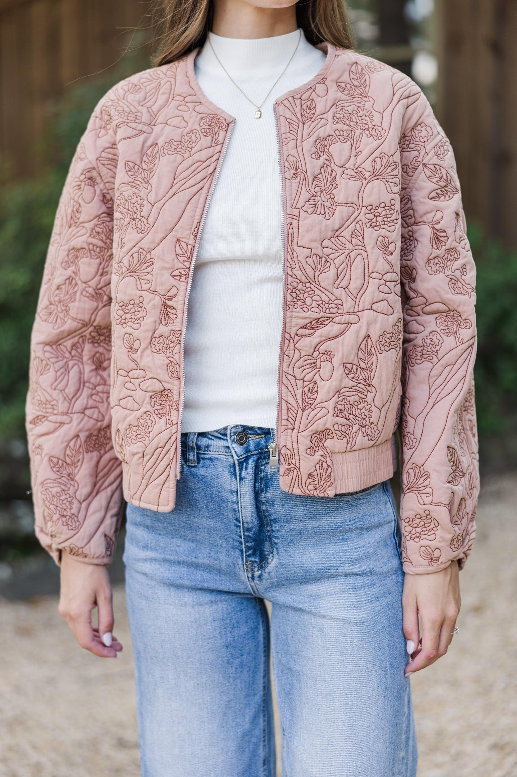 All Your Best Rose Pink Embroidered Bomber Jacket Female Product Image