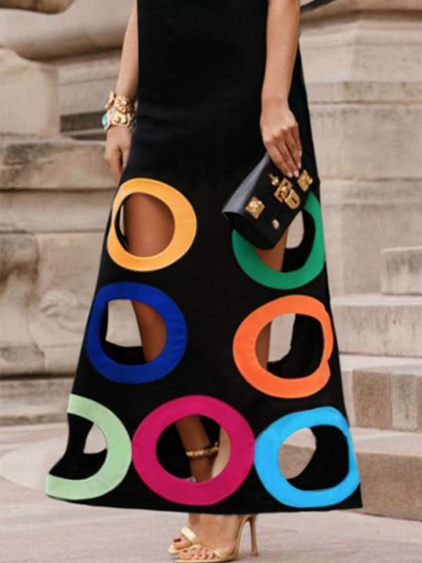 Loose Sleeveless Colorful Hollow Shawl Collar Maxi Dresses Product Image