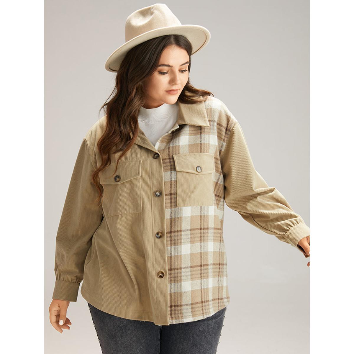 Plus Size Corduroy Plaid Patchwork Pocket Jacket Women Champagne Contrast Pocket Dailywear Jackets BloomChic 28/5X Product Image