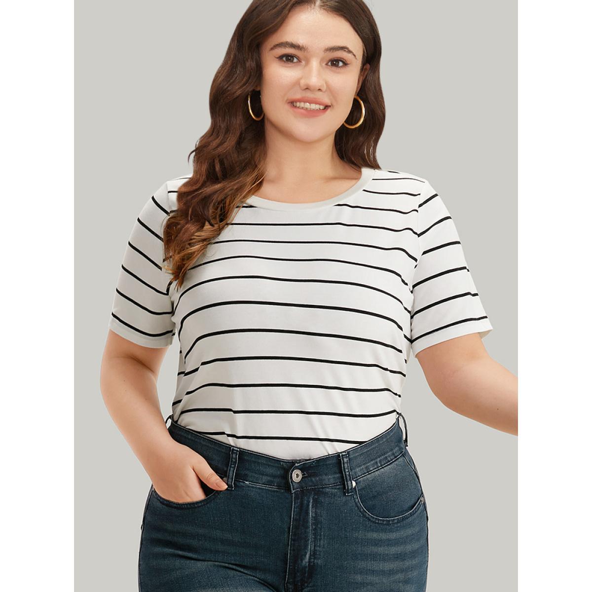 Plus Size Striped Print Round Neck T-shirt White Women Casual Contrast Striped Round Neck Dailywear T-shirts BloomChic 14-16/1X Product Image
