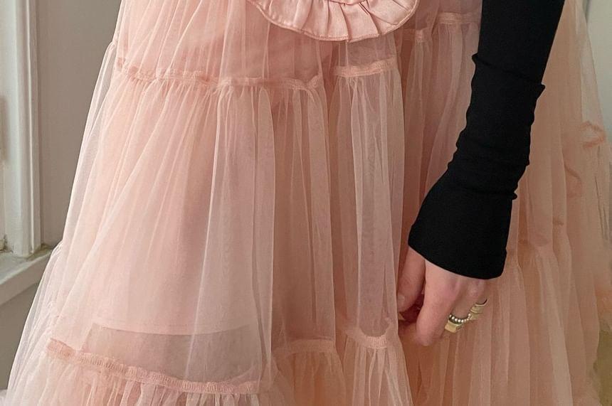 Low-Waist Plain Mesh Pleated Skirt With Mini Bag Product Image