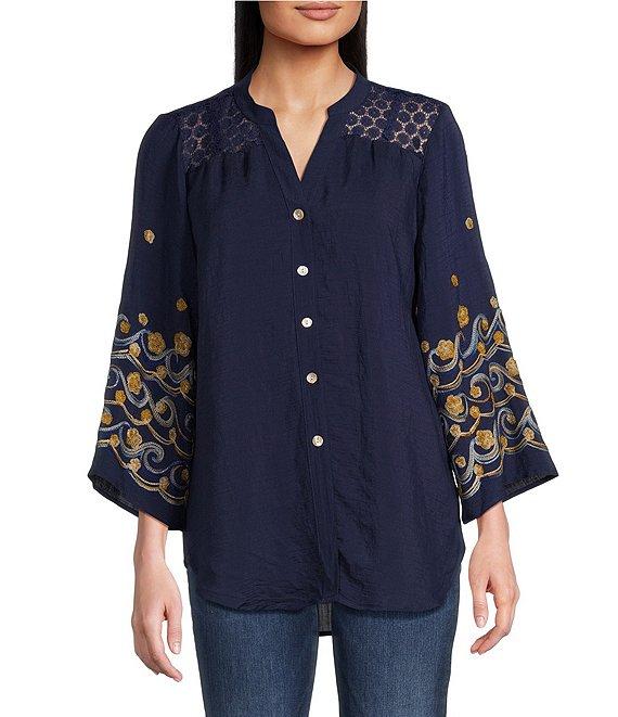 Figueroa & Flower Mandarin Collar Embroidered 3/4 Bell Sleeve Button-Front Blouse Product Image