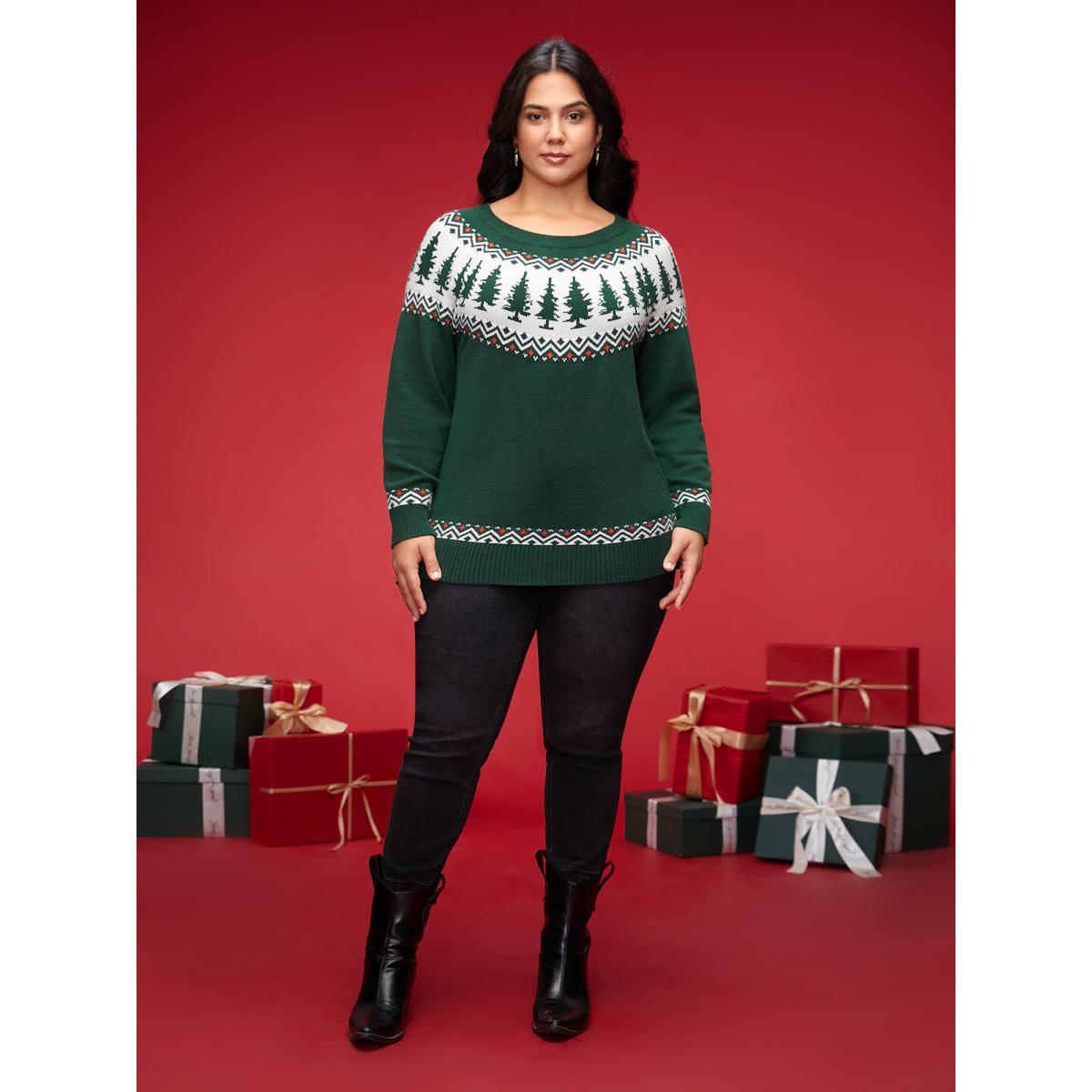 Plus Size Supersoft Essentials Festive Knit Pullover DarkGreen Women Casual Loose Long Sleeve Round Neck Everyday Pullovers BloomChic 18-20/2X Product Image